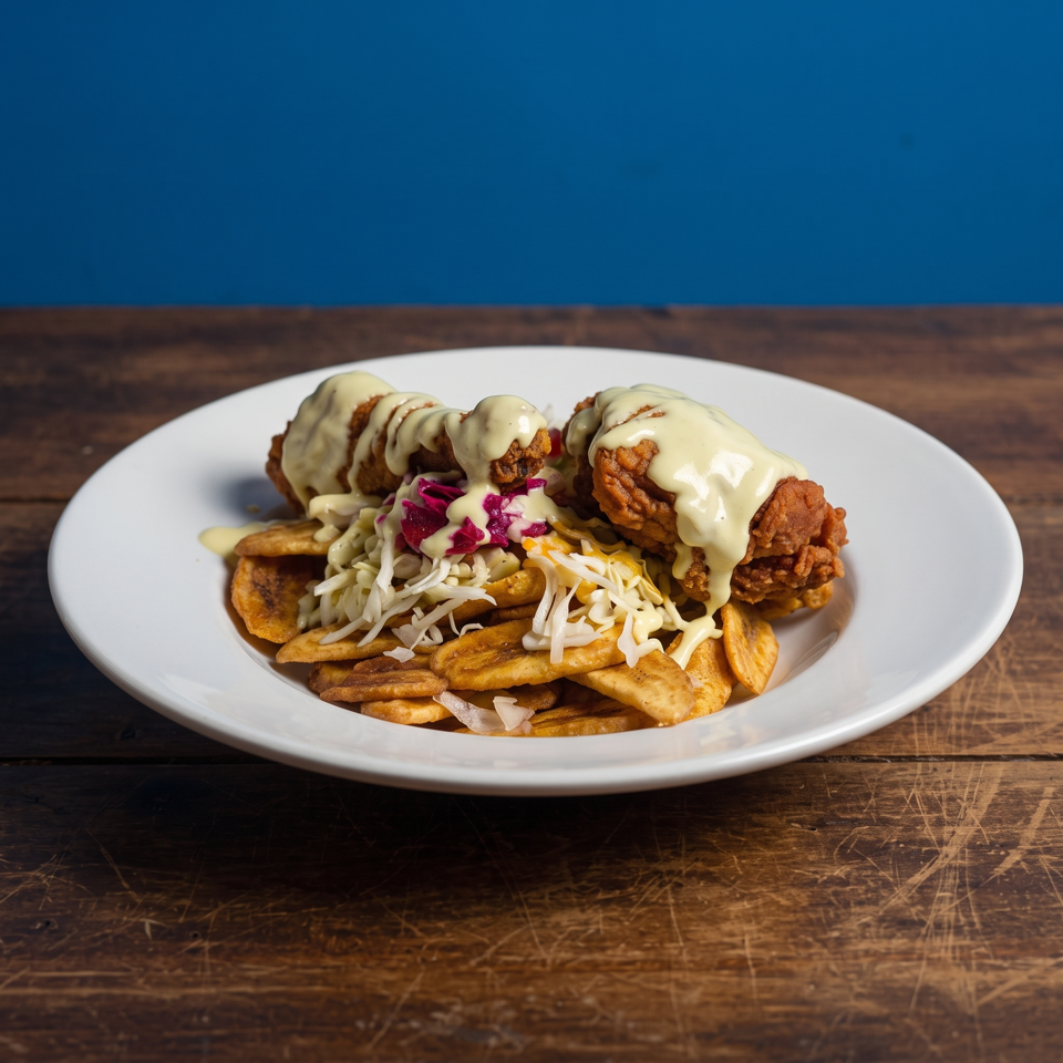 Crispy fried chicken topped with creamy sauce, shredded cabbage, pickled vegetables, and fries on a white plate.