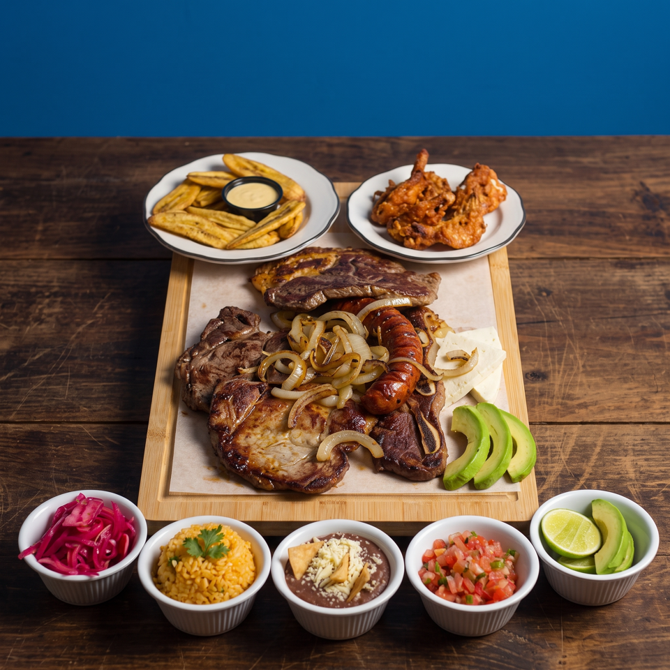 Grilled meats, sausage, onions, avocado, plantains, fried chicken, rice, beans, salsa, and pickled onions arranged on a wooden table.
