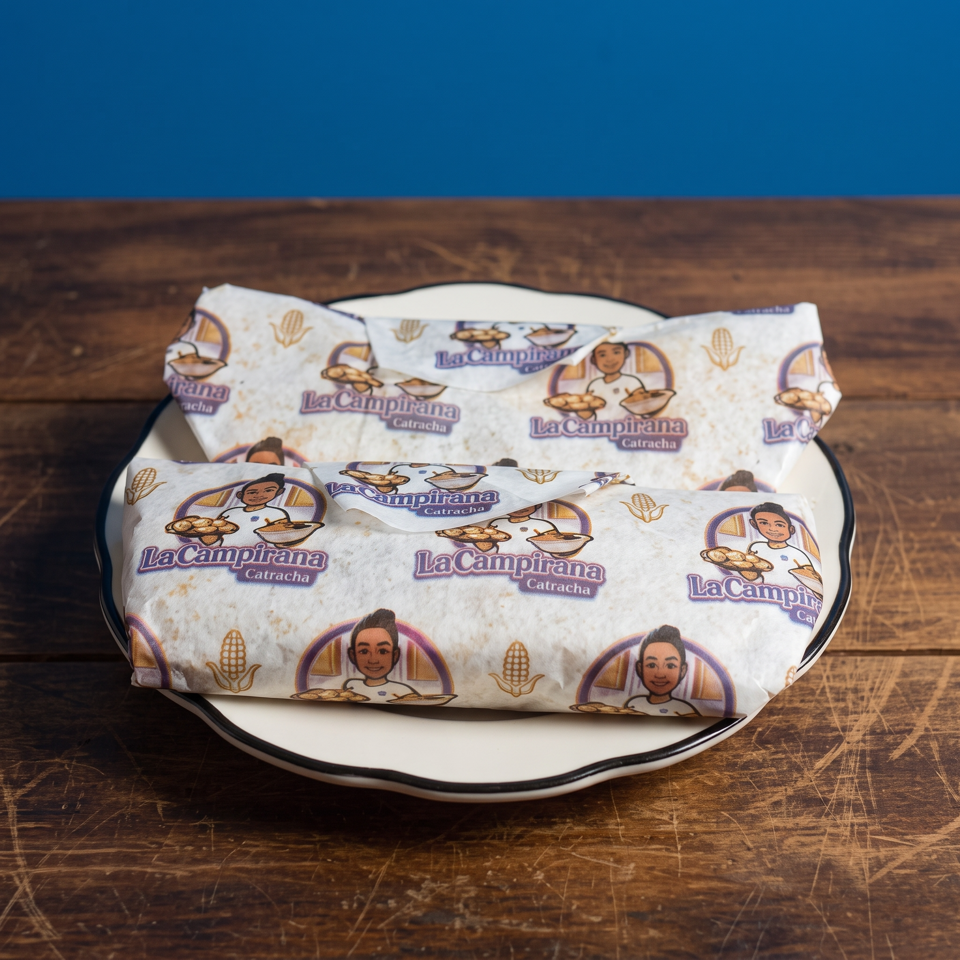 Two food parcels wrapped in La Campirana Catracha branded paper sit on a white plate atop a rustic wooden table.