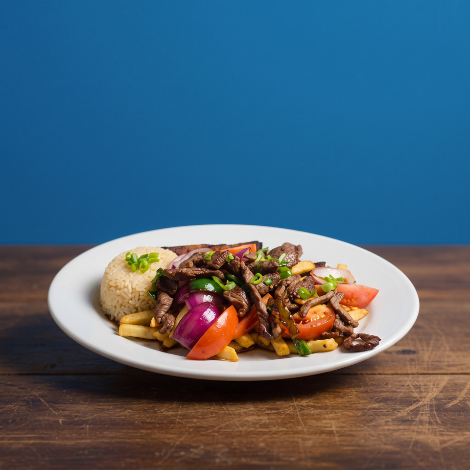 Plate of stir-fried beef, French fries, rice, tomatoes, onions, peppers, and green onions on a wooden table.