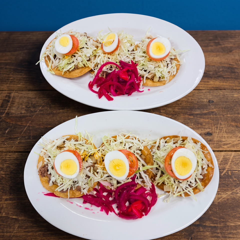 Two plates of tostadas topped with shredded cabbage, sliced boiled eggs, tomatoes, meat, and pickled onions on a wooden table.