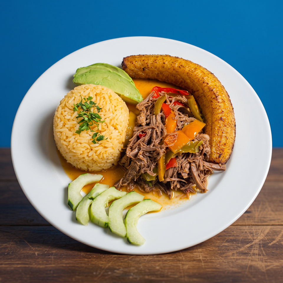 Plate of yellow rice, shredded beef with peppers, fried plantain, avocado, and cucumber slices on a wooden table.